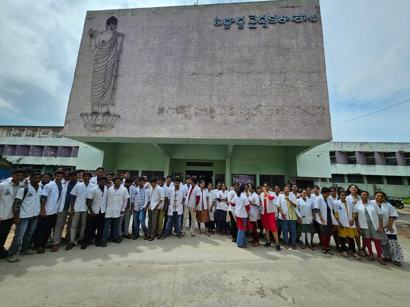 Students in front of the Siddhartha Medical College building, Vijayawada