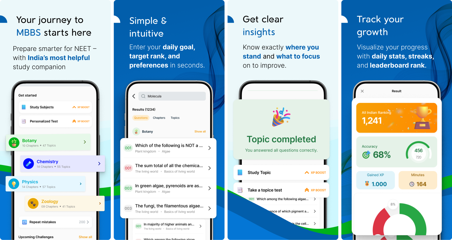 NEETsheet app screens — set a daily goal and target rank, get clear insights, and track your growth with stats, streaks and leaderboard rank
