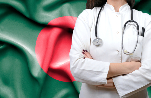 Bangladesh flag behind a doctor with stethoscope