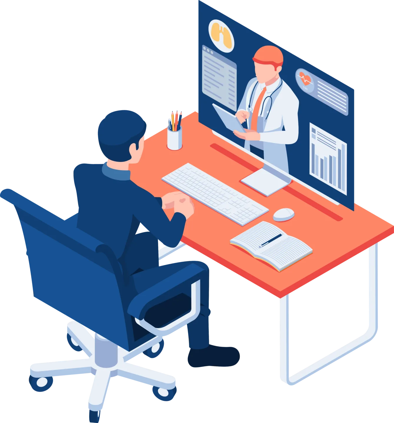 Isometric Businessman Video Conference with Doctor on PC Monitor